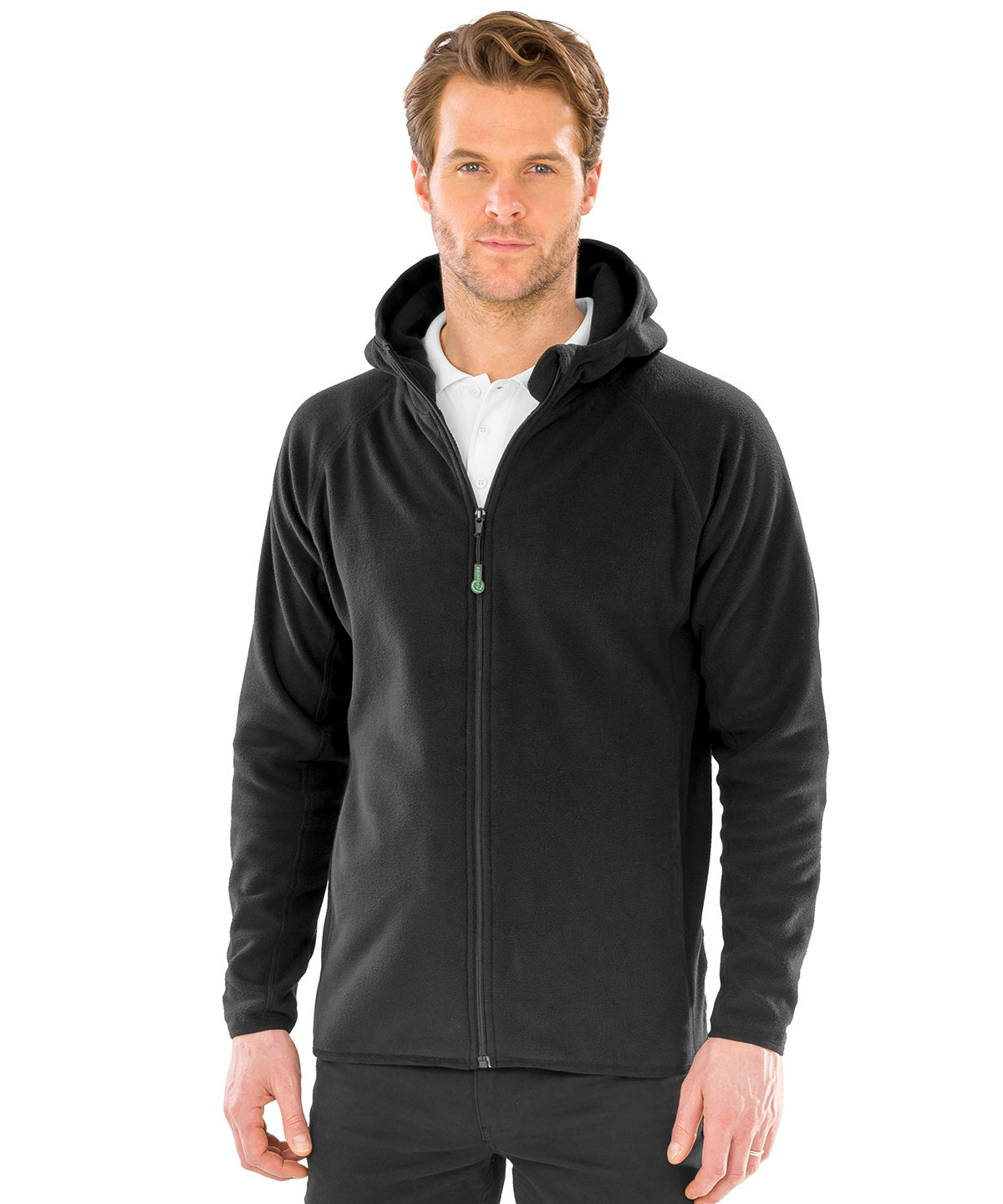 Lifestyle photo of the Recycled Hooded Microfleece Jacket in Black
