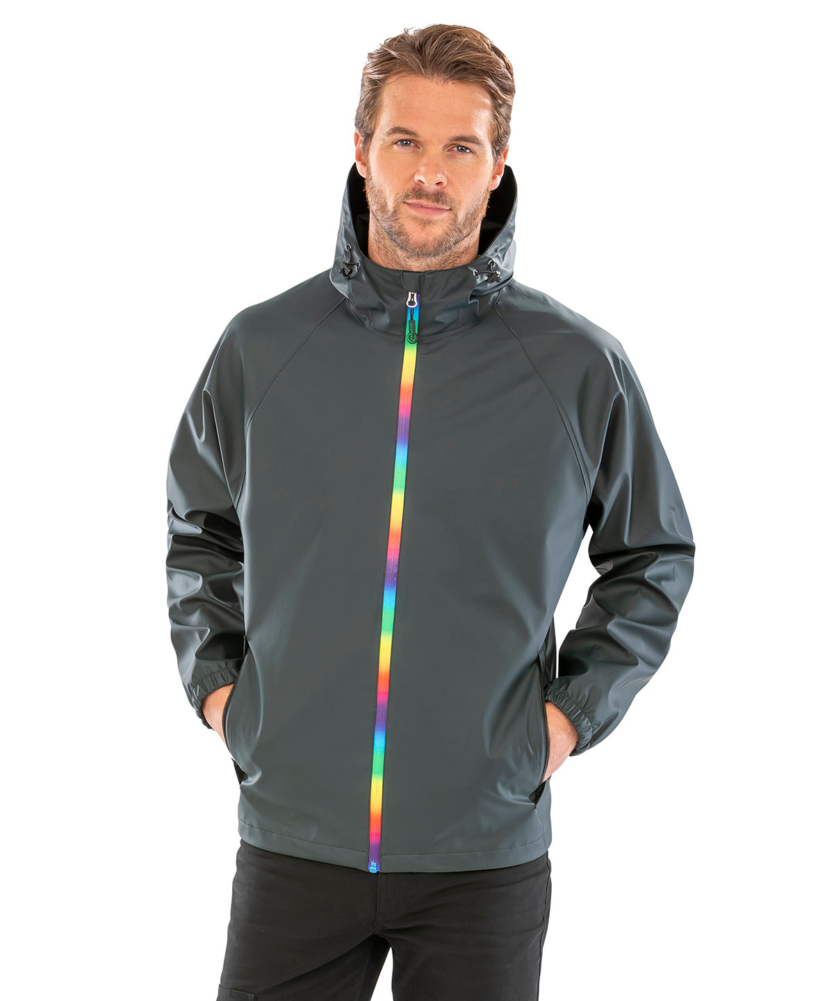 Lifestyle photo of the Prism PU Waterproof Jacket with Recycled Backing in Black Olive