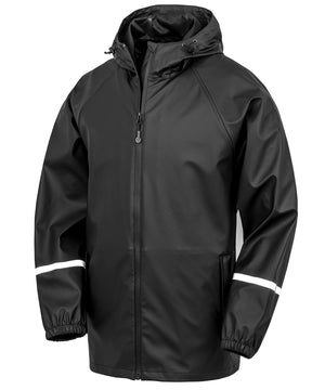 Prism PU Waterproof Jacket with Reflective Bands and Recycled Backing in Black, front view