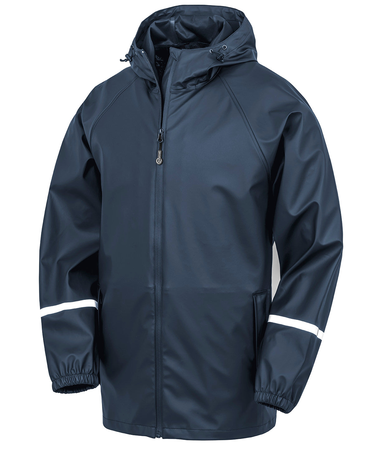 Prism PU Waterproof Jacket with Reflective Bands and Recycled Backing in Navy, front view