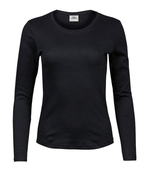 Women’s Long Sleeve Interlock Tee (590) in Black, front view