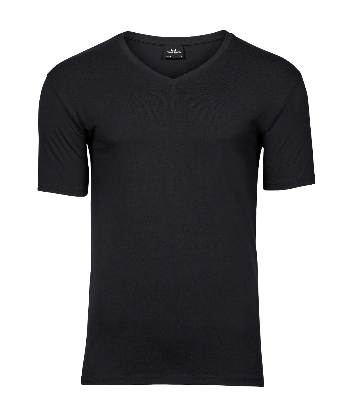 Stretch V-Neck Tee (401) in Black, front view