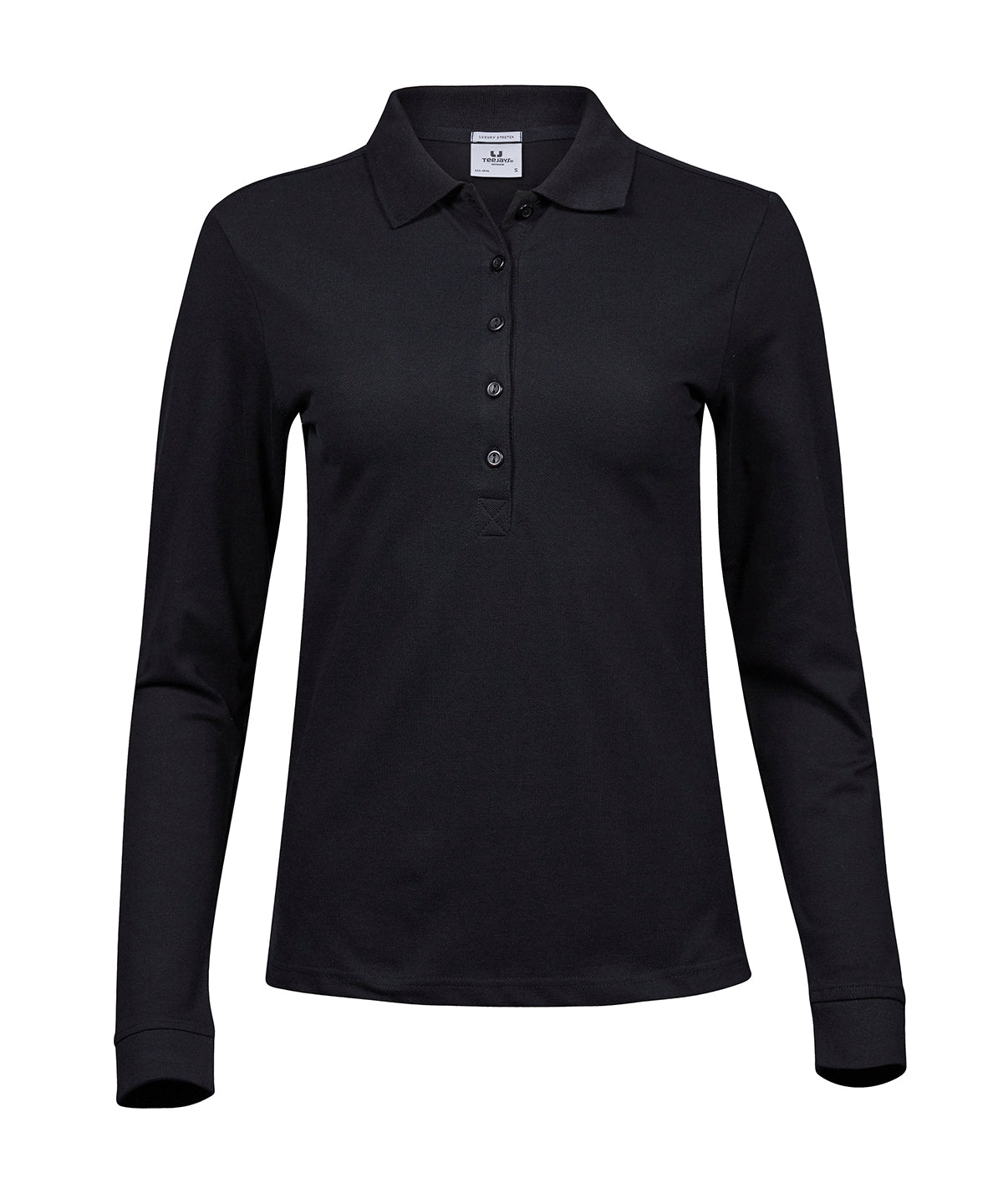 Women’s Luxury Stretch Long Sleeve Polo (146) in Black, front view