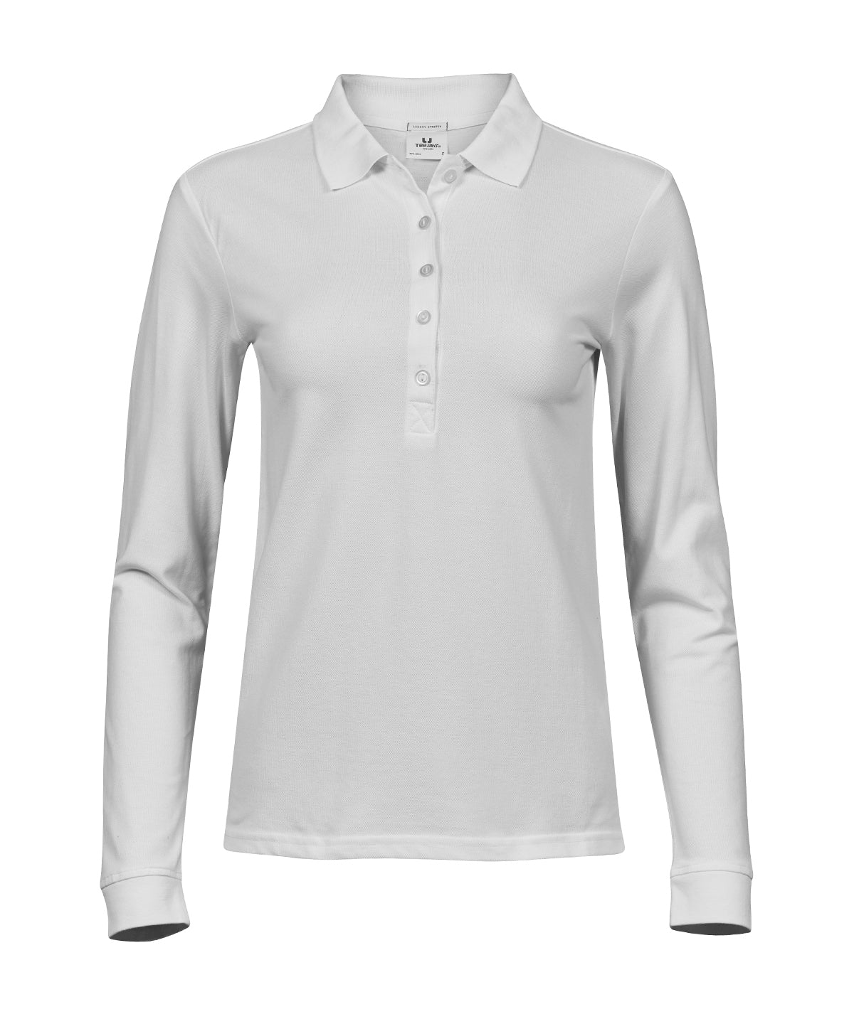 Women’s Luxury Stretch Long Sleeve Polo (146) in White, front view