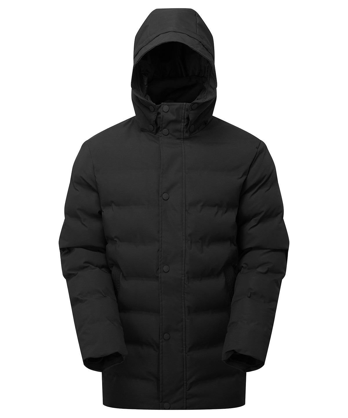 Recycled Bonded Longline Padded Jacket in Black, front view