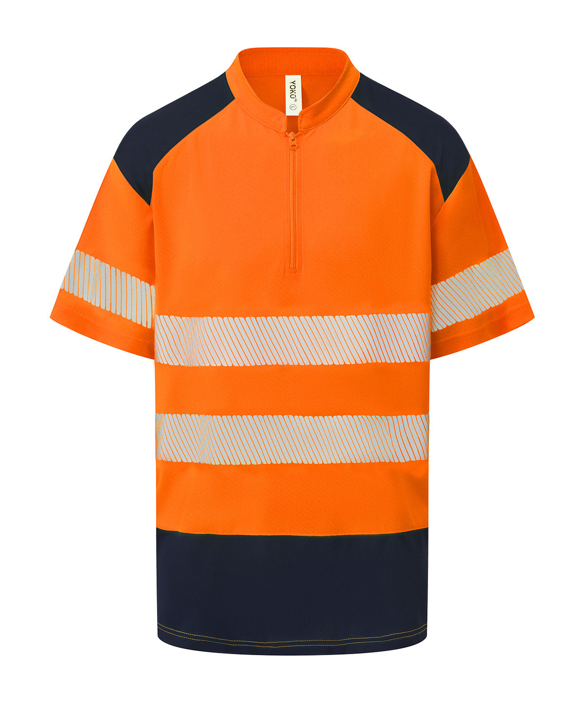 Hi-Vis Mandarin Collar Zip Neck Comfort Trim Polo (Hvj230) in Hi-vis Orange/Navy, front view