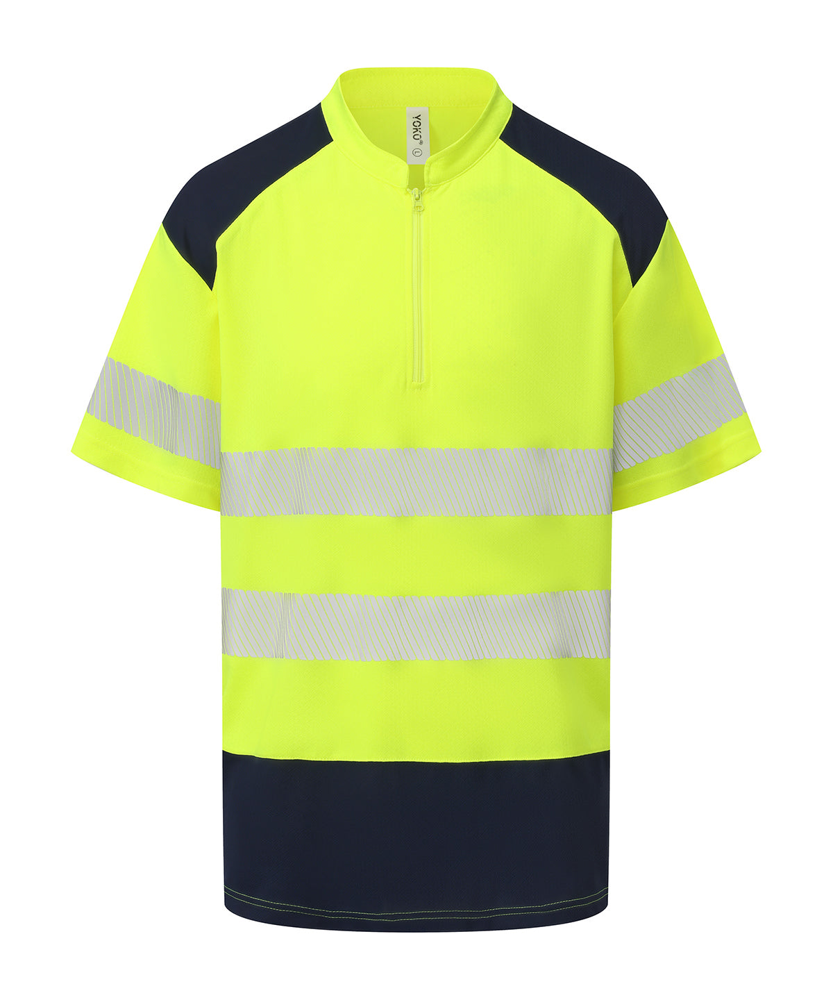 Hi-Vis Mandarin Collar Zip Neck Comfort Trim Polo (Hvj230) in Hi-vis Yellow/Navy, front view
