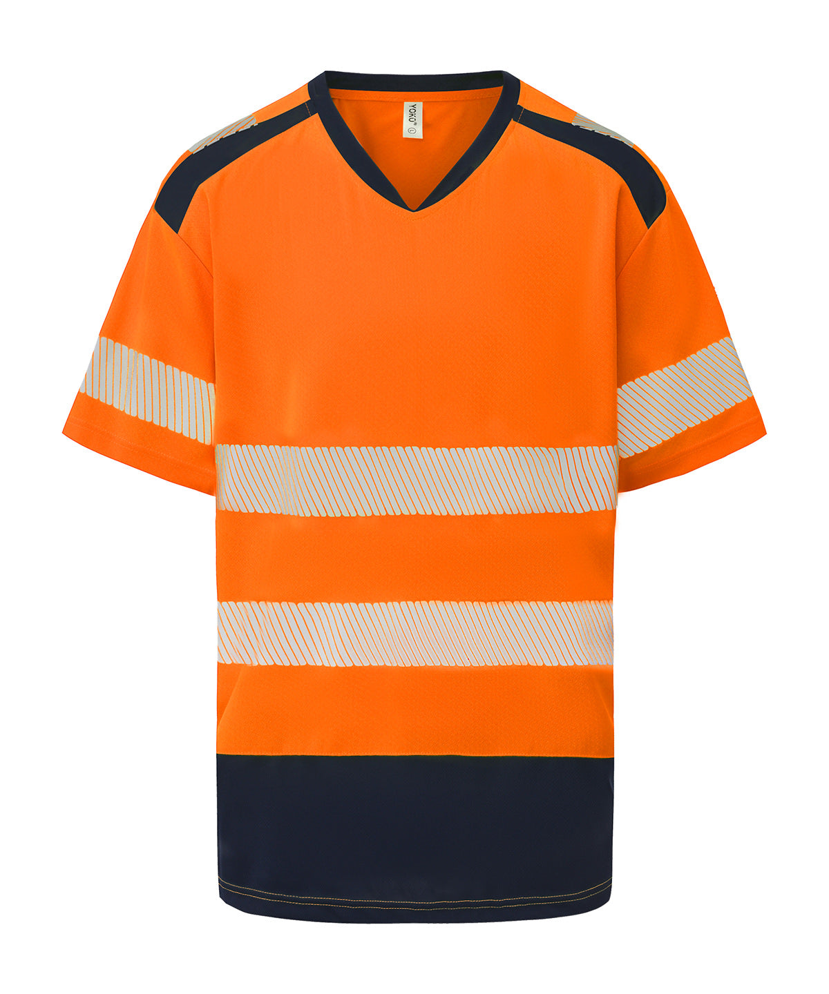 Hi-Vis Mandarin Collar Comfort Trim T-Shirt (Hvj430) in Hi-vis Orange/Navy, front view