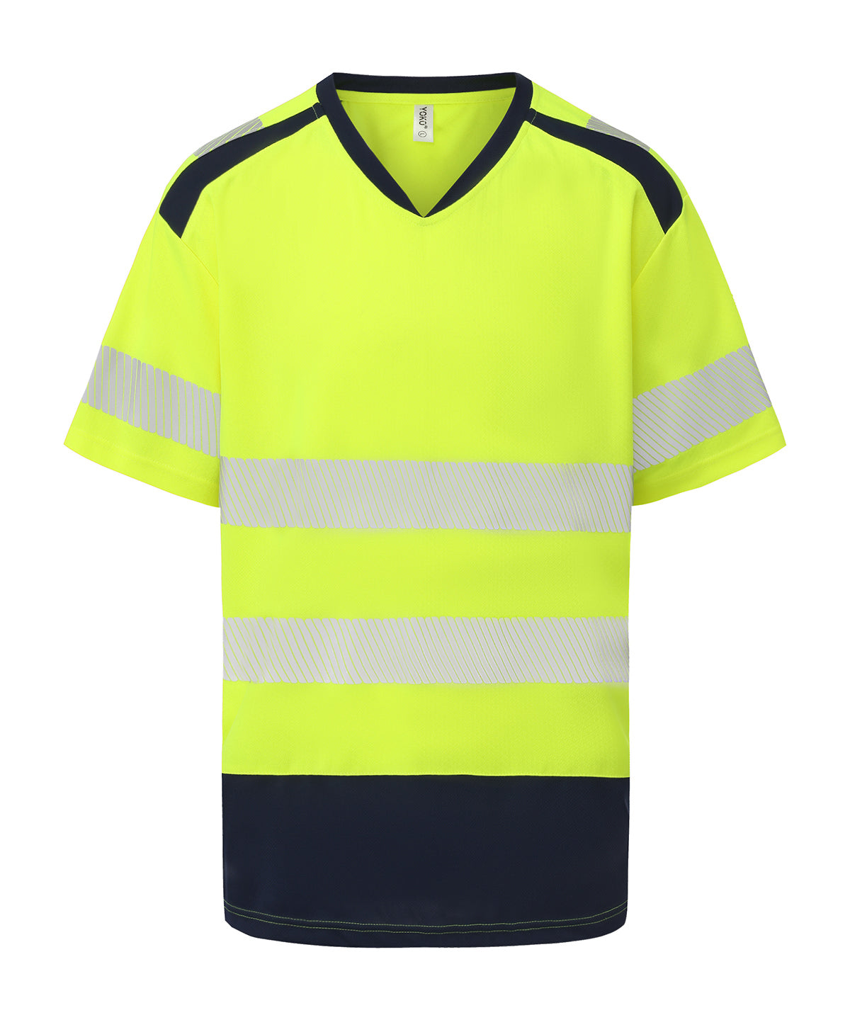 Hi-Vis Mandarin Collar Comfort Trim T-Shirt (Hvj430) in Hi-vis Yellow/Navy, front view