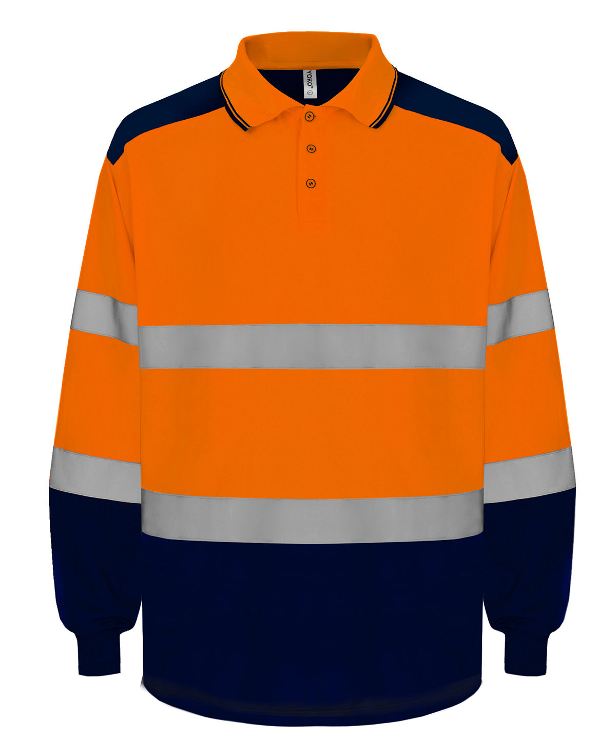 Hi-Vis Two-Tone Long Sleeve Polo (Hvj330) in Hi-vis Orange/Navy, front view