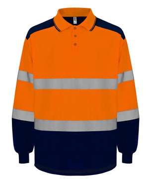 Hi-Vis Two-Tone Long Sleeve Polo (Hvj330) in Hi-vis Orange/Navy, front view