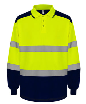 Hi-Vis Two-Tone Long Sleeve Polo (Hvj330) in Hi-vis Yellow/Navy, front view