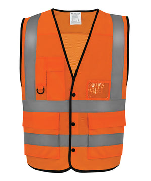 Hi-Vis Superior Open Mesh Button Waistcoat (Hvw860) in Hi-vis Orange, front view